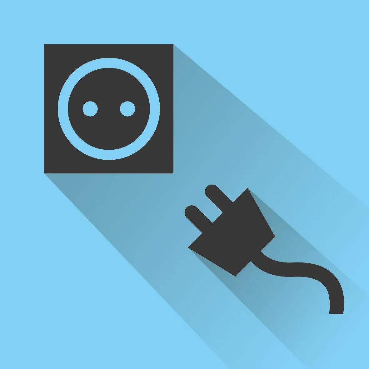 Piktogramm für den Anschluss, welcher eine Steckdose mit einem Stecker auf hellblauem Hintergrund zeigt. 
